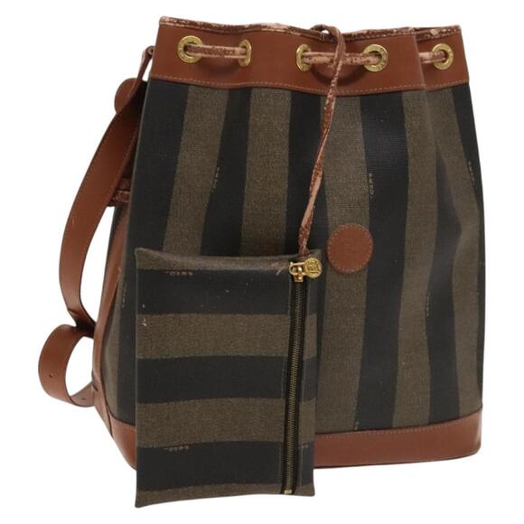 FENDI Pecan Canvas Shoulder Bag Pvc Black Brown - Picture 1 of 13